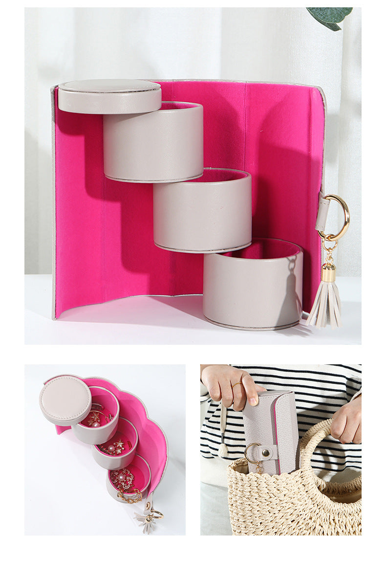 Beige and Pink Elegant 3-Tier Cylindrical Travel Jewellery Box - PU Leather Organizer for Rings Earrings Necklaces with Tassel Charm - Image 2