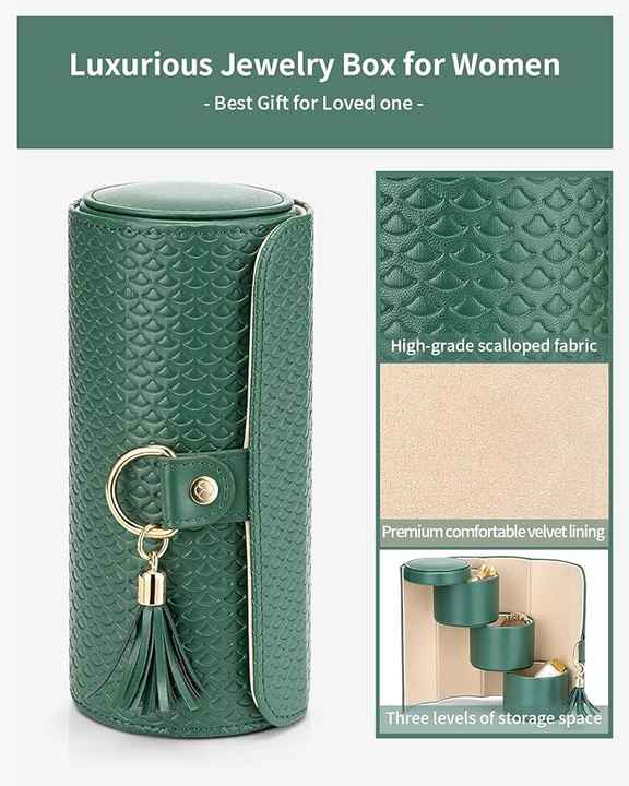 Beige and Pink Elegant 3-Tier Cylindrical Travel Jewellery Box - PU Leather Organizer for Rings Earrings Necklaces with Tassel Charm - Image 6