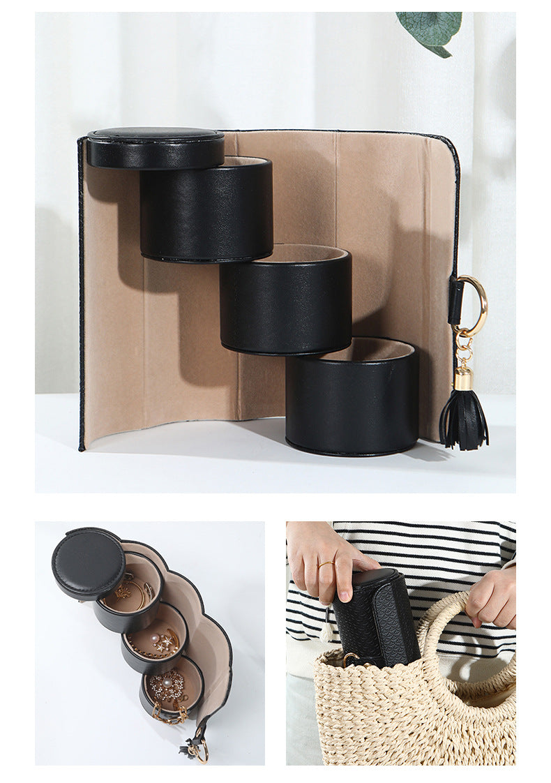 Black and Khaki Elegant 3-Tier Cylindrical Travel Jewellery Box - PU Leather Organizer for Rings Earrings Necklaces with Tassel Charm - Image 2