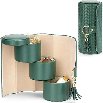 Black and Khaki Elegant 3-Tier Cylindrical Travel Jewellery Box - PU Leather Organizer for Rings Earrings Necklaces with Tassel Charm - Image 4