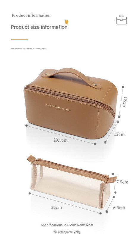 Beige Elegant PU Leather Makeup Bag & Toiletry Organizer with Detachable Mesh Pouch - Large Capacity Travel Cosmetic Case - Image 5