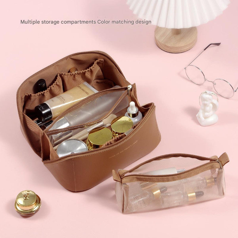 Pink Elegant PU Leather Makeup Bag & Toiletry Organizer with Detachable Mesh Pouch - Large Capacity Travel Cosmetic Case - Image 3