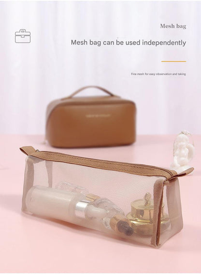 Pink Elegant PU Leather Makeup Bag & Toiletry Organizer with Detachable Mesh Pouch - Large Capacity Travel Cosmetic Case - Image 4