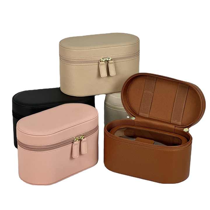 Brown Elegant PU Leather Makeup & Toiletry Bag - Large Capacity Travel Cosmetic Organizer with Brush Holder - Image 2