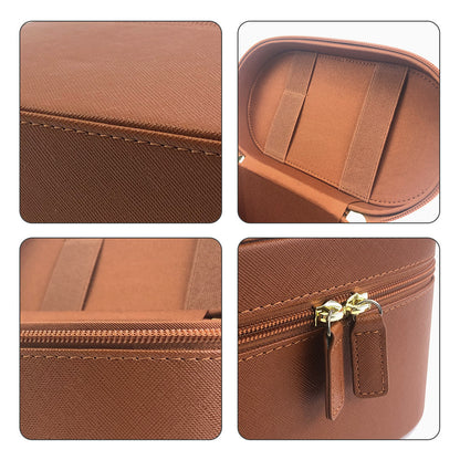 Brown Elegant PU Leather Makeup & Toiletry Bag - Large Capacity Travel Cosmetic Organizer with Brush Holder - Image 4
