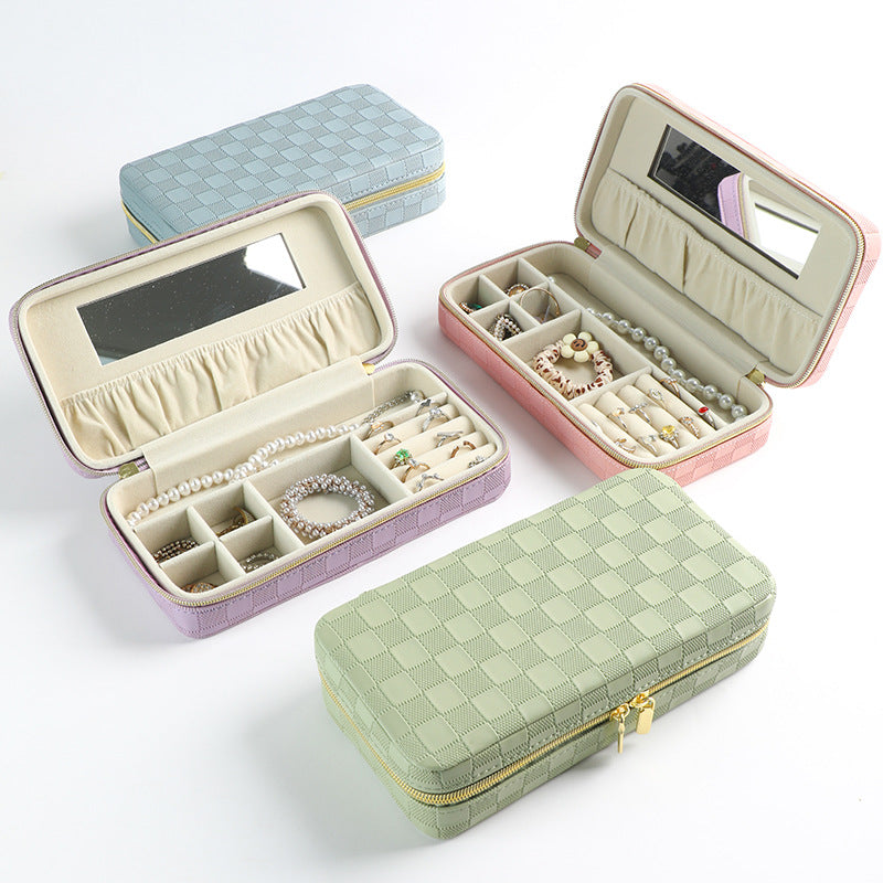 Green Stylish PU Leather Travel Jewellery Box - Compact Organizer for Rings, Earrings, Necklaces with Mirror - Image 2
