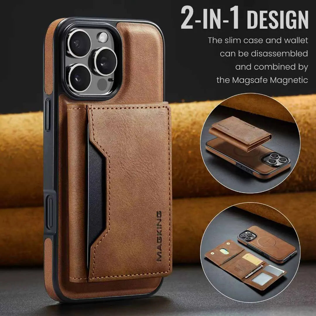 Brown Premium MagSafe Wallet Case for iPhone 16 Pro Max - Detachable PU Leather Magnetic Card Holder