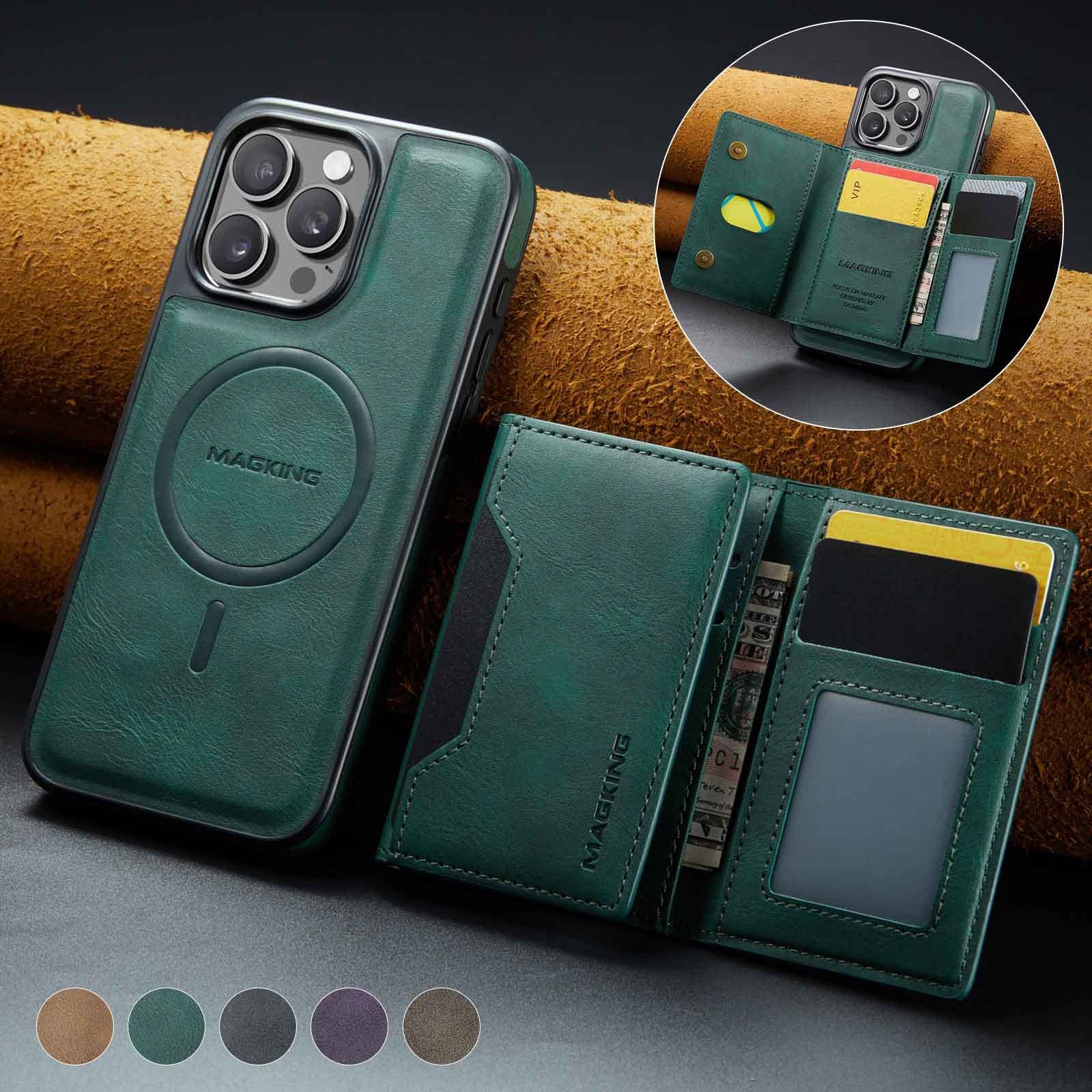 Green Premium MagSafe Wallet Case for iPhone 16 Pro - Detachable PU Leather Magnetic Card Holder - Image 2