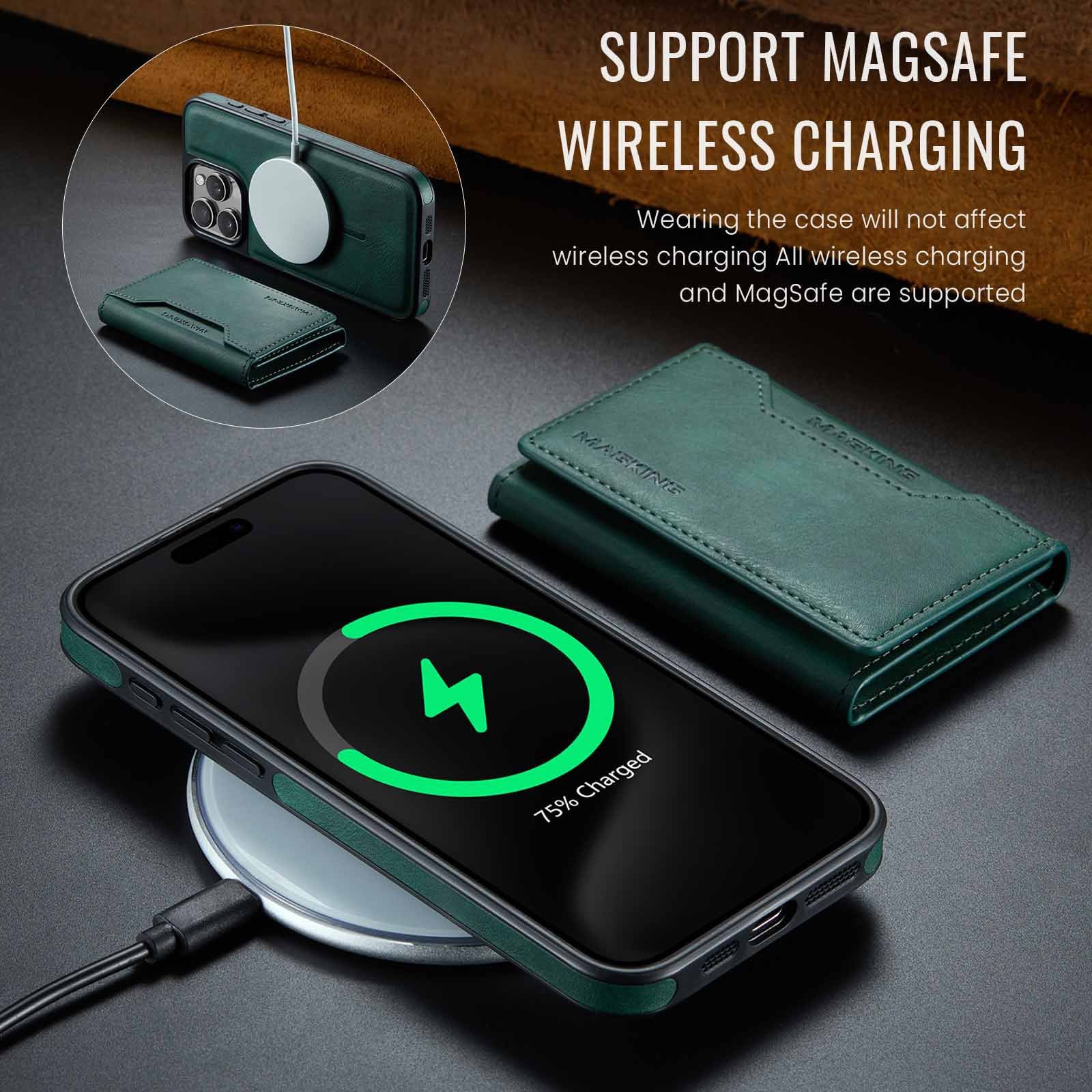 Green Premium MagSafe Wallet Case for iPhone 16 Pro - Detachable PU Leather Magnetic Card Holder - Image 4