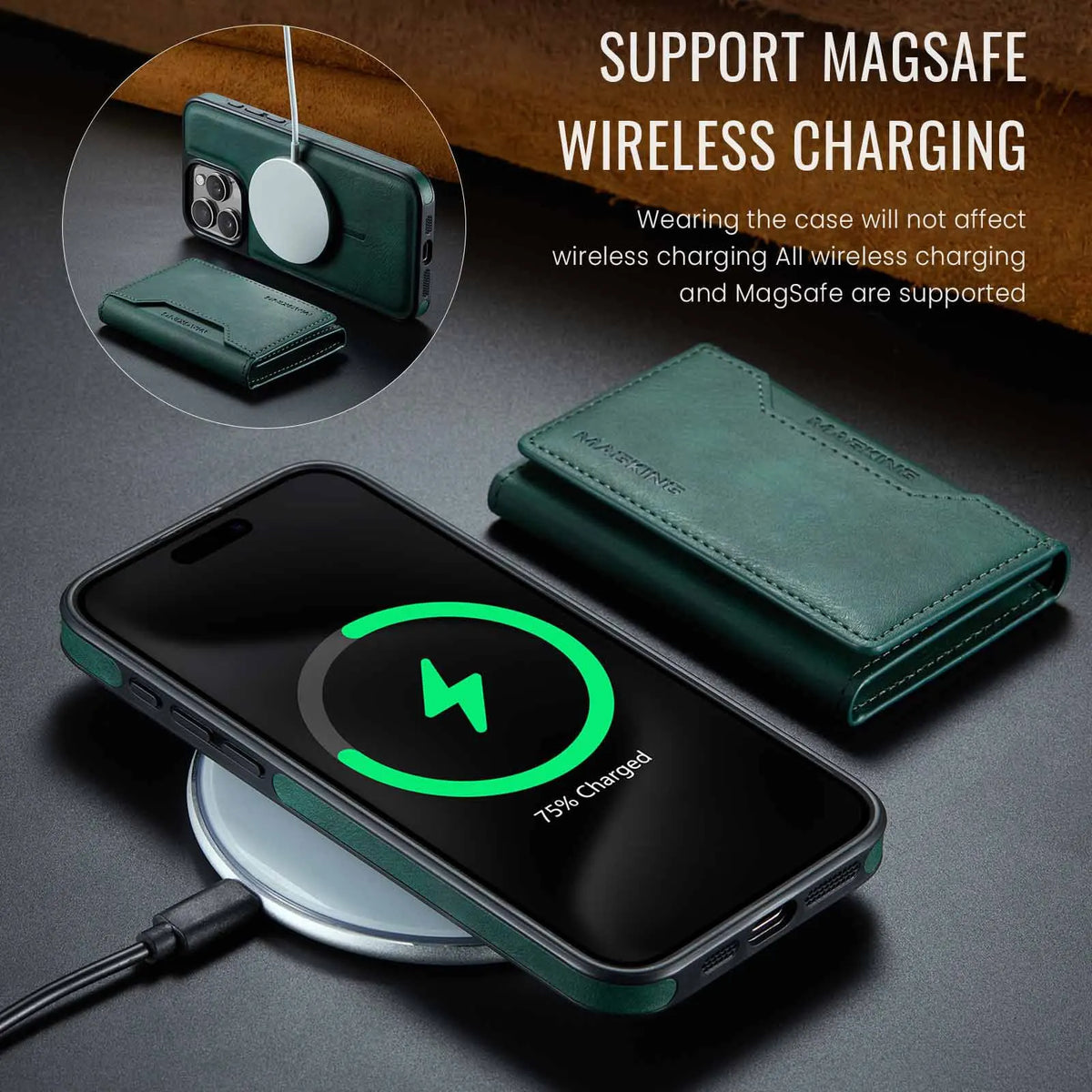 Green Premium MagSafe Wallet Case for iPhone 16 Pro - Detachable PU Leather Magnetic Card Holder - Image 4