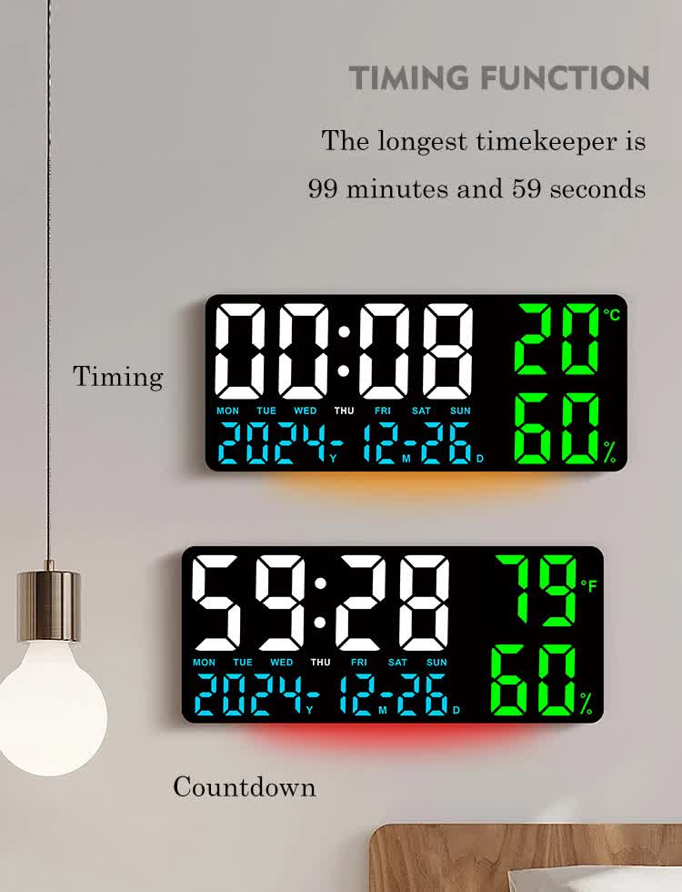 Black Background With Blue and White Light Sleek Large LED Digital Wall & Desk Clock - Remote Control, Temperature, Humidity, Dual Alarms, Calendar - Image 5