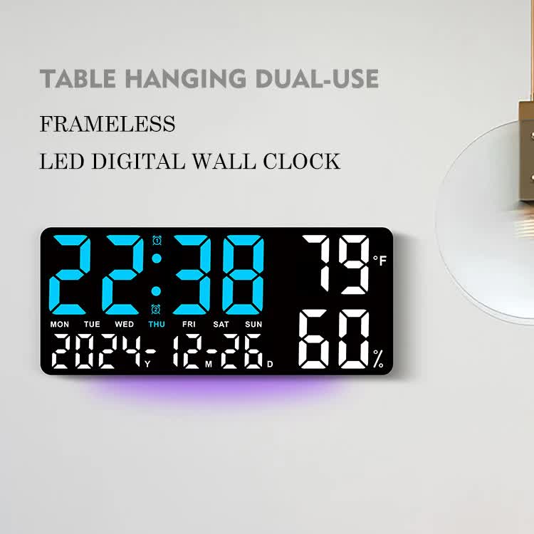 Black Background With Blue,Green and White Light Sleek Large LED Digital Wall & Desk Clock - Remote Control, Temperature, Humidity, Dual Alarms, Calendar - Image 2