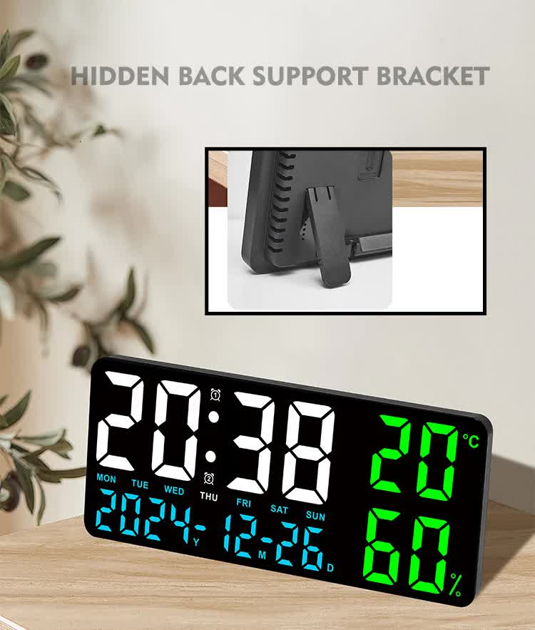 Black Background With Blue,Green and White Light Sleek Large LED Digital Wall & Desk Clock - Remote Control, Temperature, Humidity, Dual Alarms, Calendar - Image 4