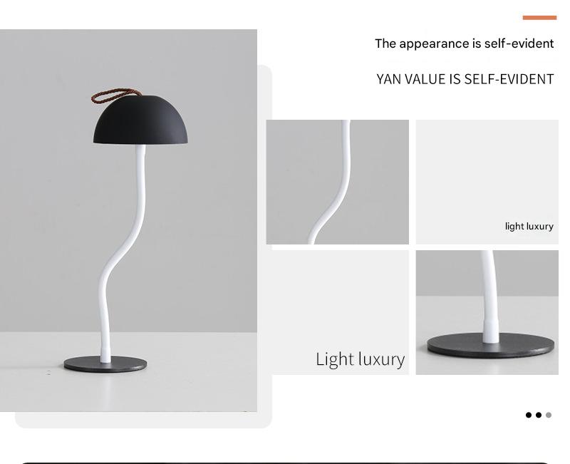 Black Sleek Minimalist LED Mushroom Table Lamp - Rechargeable 3-Color Touch Control, Bar & Ambient Light - Image 2
