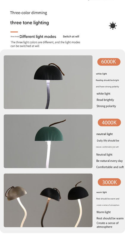 Black Sleek Minimalist LED Mushroom Table Lamp - Rechargeable 3-Color Touch Control, Bar & Ambient Light - Image 3