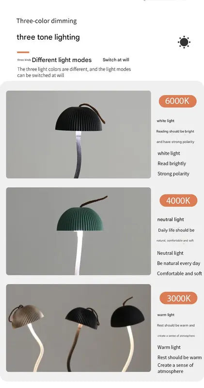 Black Three-dimensional stripes Sleek Minimalist LED Mushroom Table Lamp - Rechargeable 3-Color Touch Control, Bar & Ambient Light - Image 3