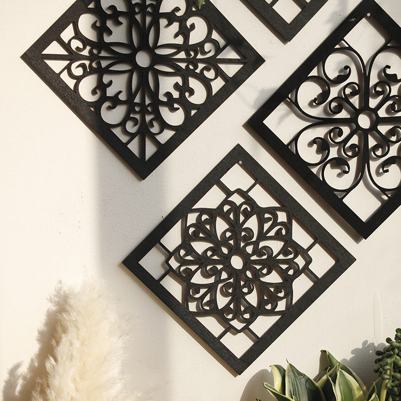 Black Set of 4 Intricate Black Wooden Wall Art Panels - Diamond Mandala Style Home Decor Plaques - Image 3