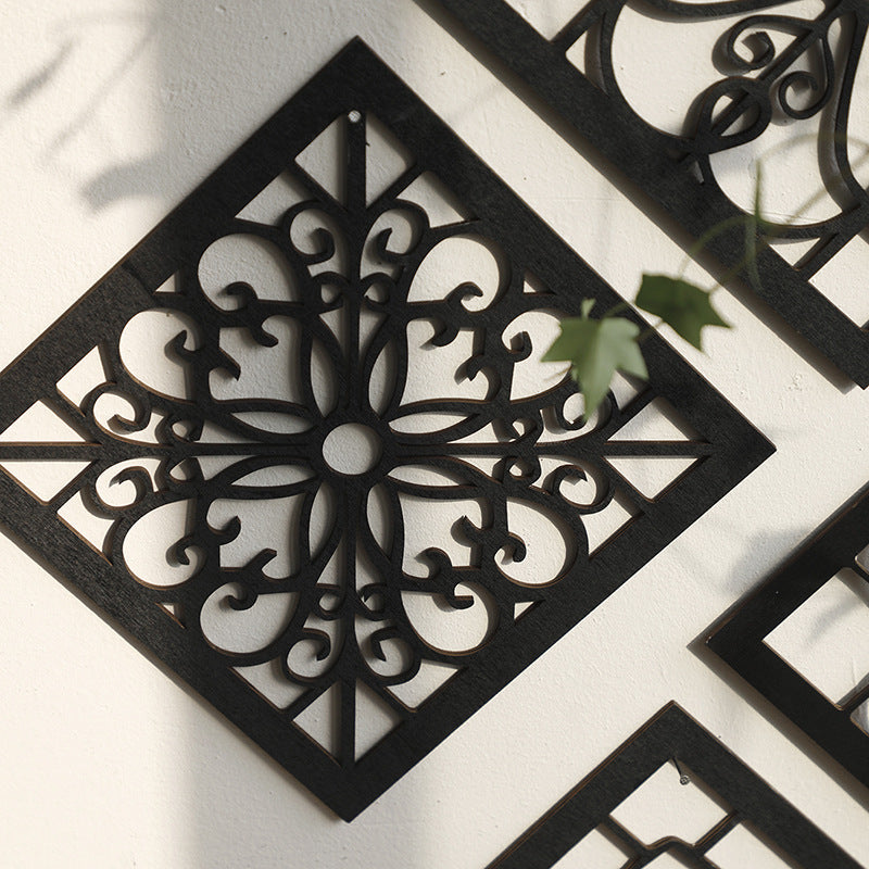 Black Set of 4 Intricate Black Wooden Wall Art Panels - Diamond Mandala Style Home Decor Plaques - Image 4