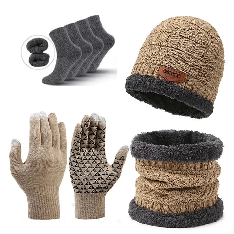 Khaki Men's 5-Piece Winter Essentials Set -  Lined Beanie Hat, Neck Warmer, Touchscreen Gloves & 2 Pairs Thermal Socks