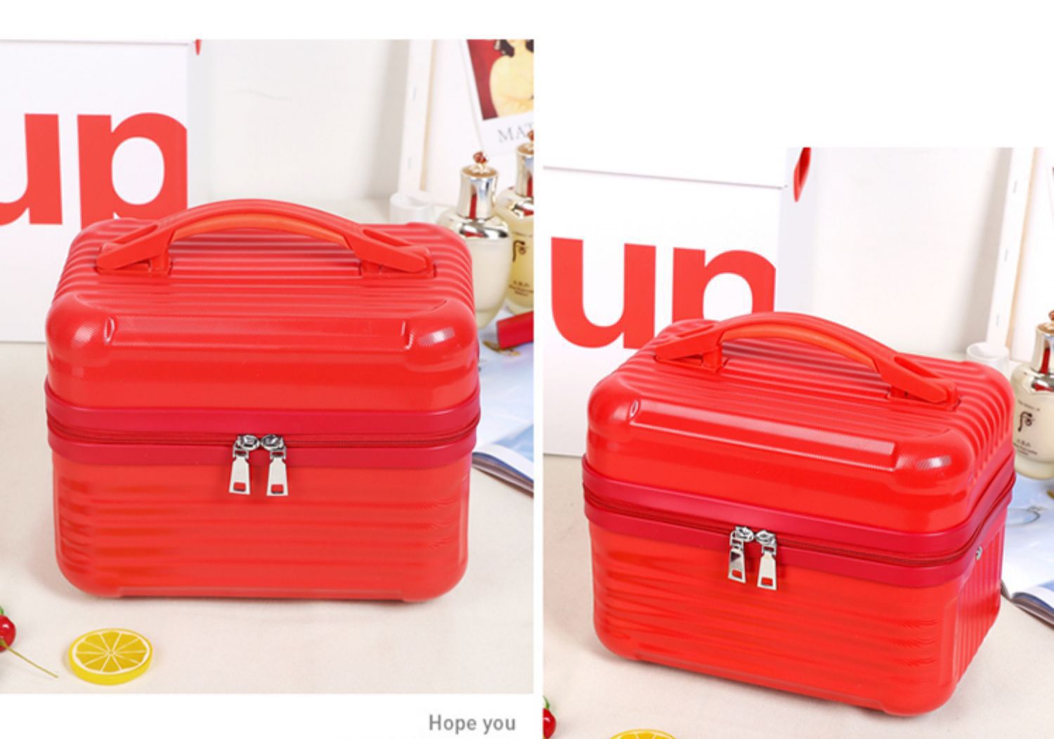 Red Durable Hard Shell Makeup Travel Case - Large Capacity Portable Cosmetic Organizer Box with Handle - Image 2
