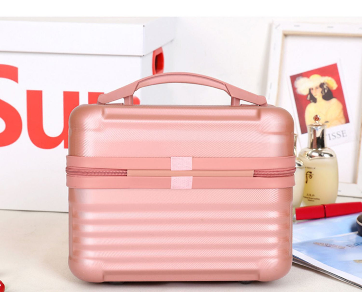 Red Durable Hard Shell Makeup Travel Case - Large Capacity Portable Cosmetic Organizer Box with Handle - Image 4