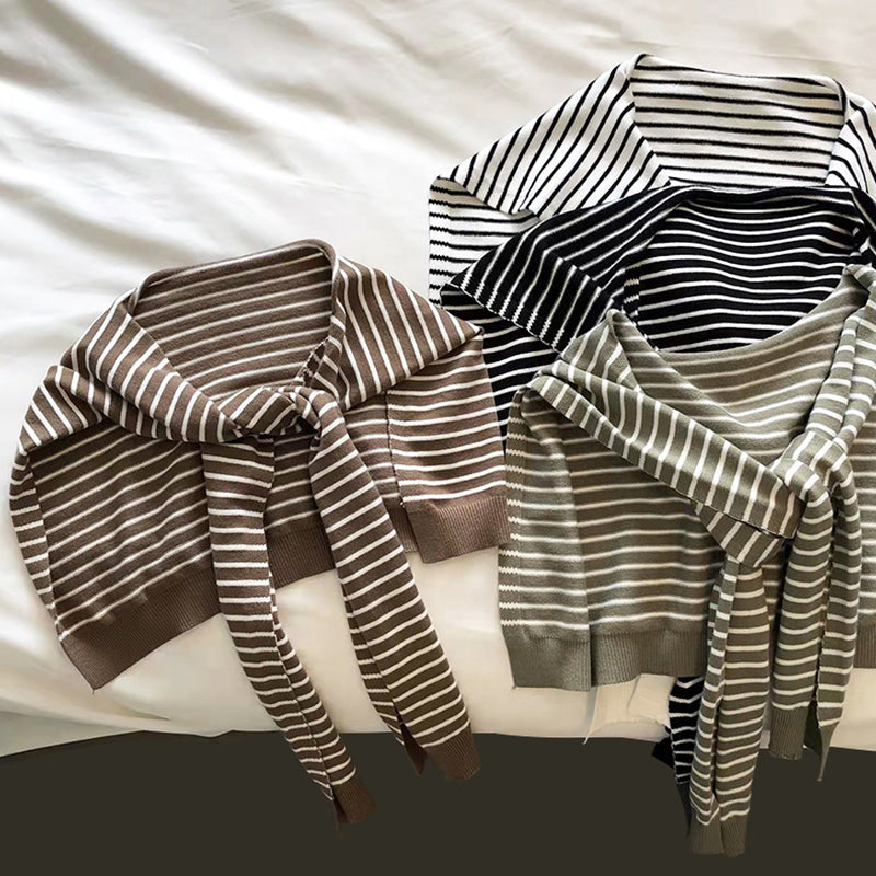 Black Chic Striped Knit Tie-Front Shawl - Lightweight Versatile Layering Capelet for Women - Image 5