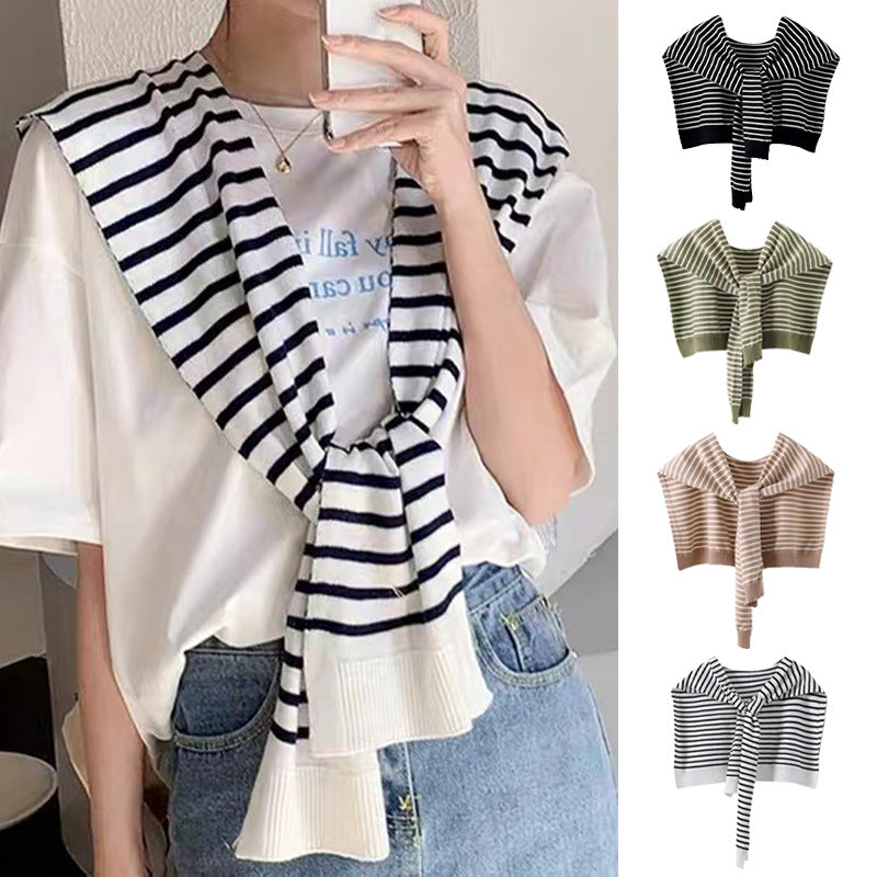 Green Chic Striped Knit Tie-Front Shawl - Lightweight Versatile Layering Capelet for Women - Image 2