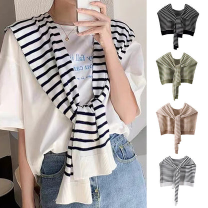 Khaki Chic Striped Knit Tie-Front Shawl - Lightweight Versatile Layering Capelet for Women - Image 2