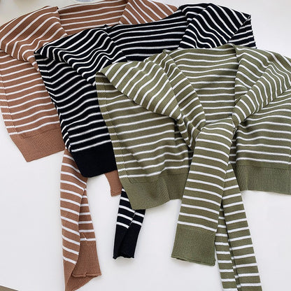 Khaki Chic Striped Knit Tie-Front Shawl - Lightweight Versatile Layering Capelet for Women - Image 3