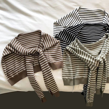 Khaki Chic Striped Knit Tie-Front Shawl - Lightweight Versatile Layering Capelet for Women - Image 5