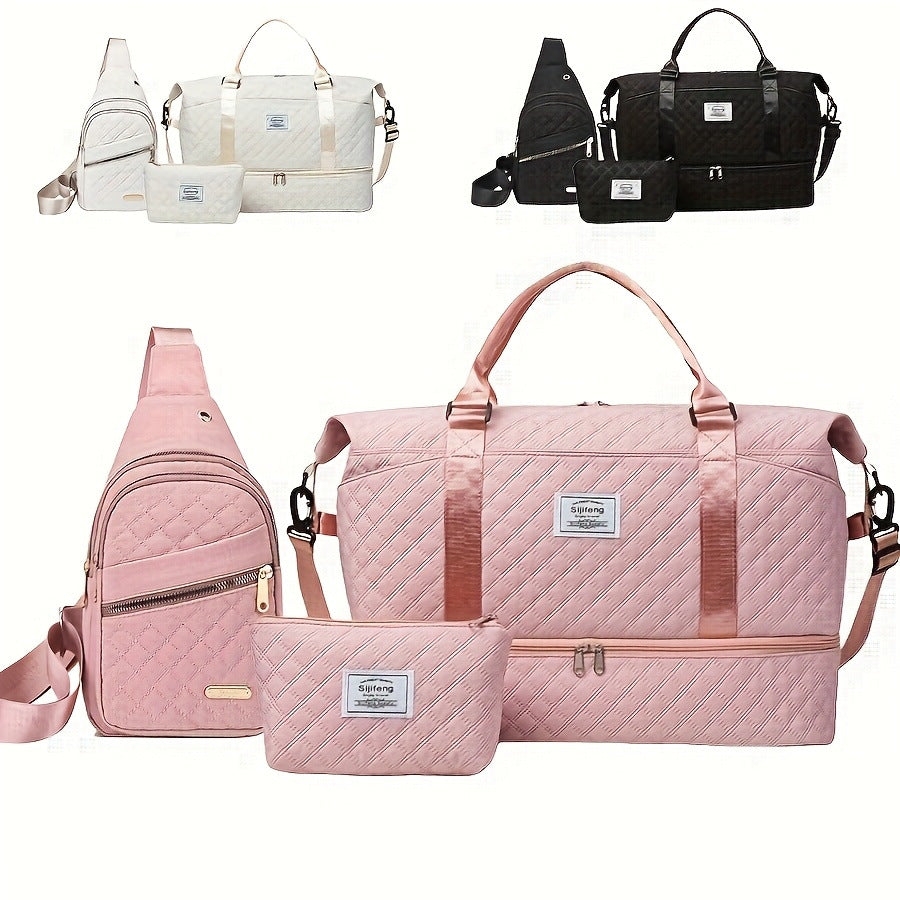 Black Chic 3-Piece Quilted Travel Bag Set - Duffel, Crossbody Sling & Toiletry Pouch - Large Capacity & Lightweight - Image 2