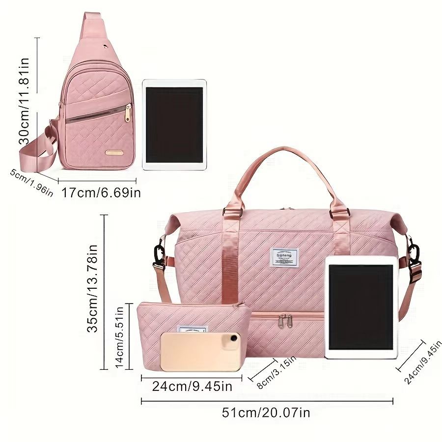 White Chic 3-Piece Quilted Travel Bag Set - Duffel, Crossbody Sling & Toiletry Pouch - Large Capacity & Lightweight - Image 3