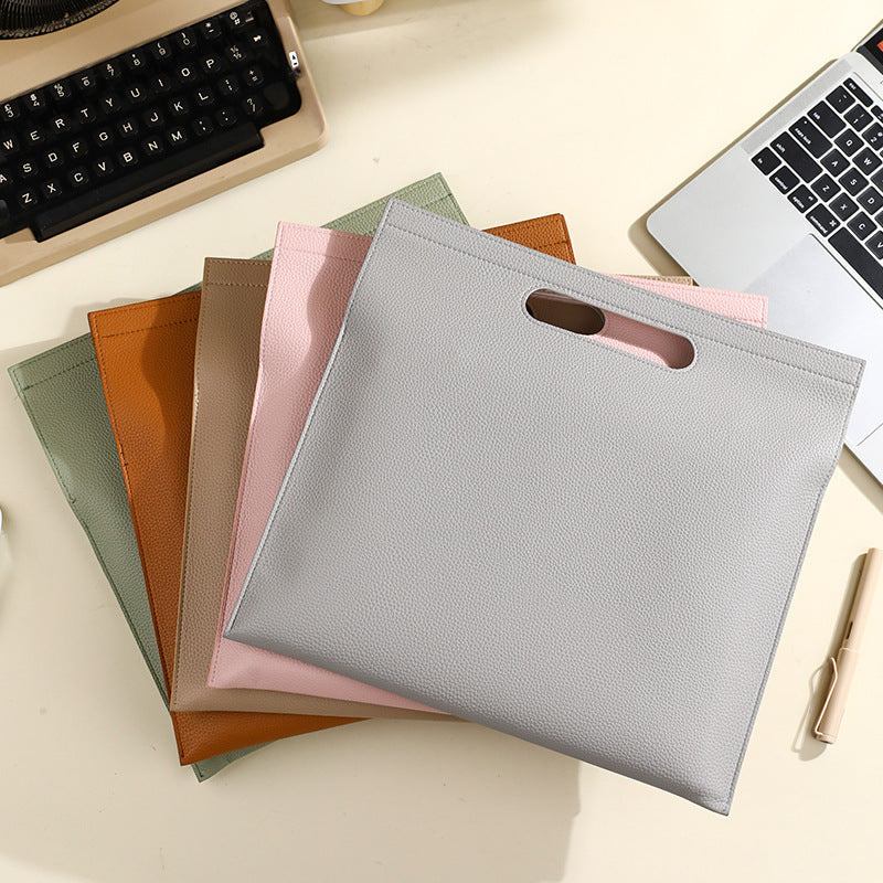 Beige Professional A4 PU Leather Document Bag - Waterproof Handheld File Folder Portfolio for Business & Conference - Image 2