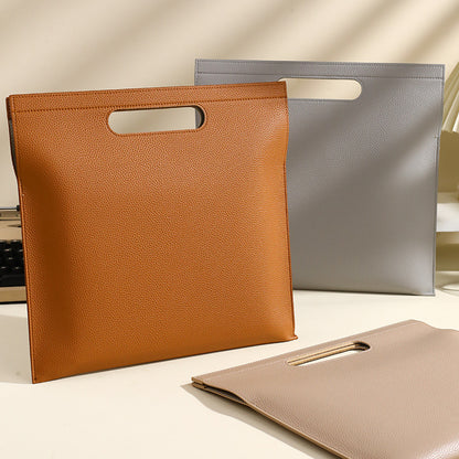 Grey Professional A4 PU Leather Document Bag - Waterproof Handheld File Folder Portfolio for Business & Conference - Image 3