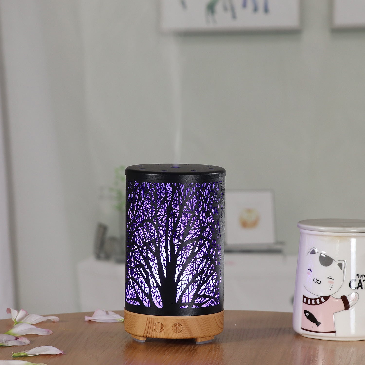 Khaki and Black Forest Design Iron Essential Oil Diffuser - 7 Color LED Ultrasonic Cool Mist Humidifier 100ml - Image 4