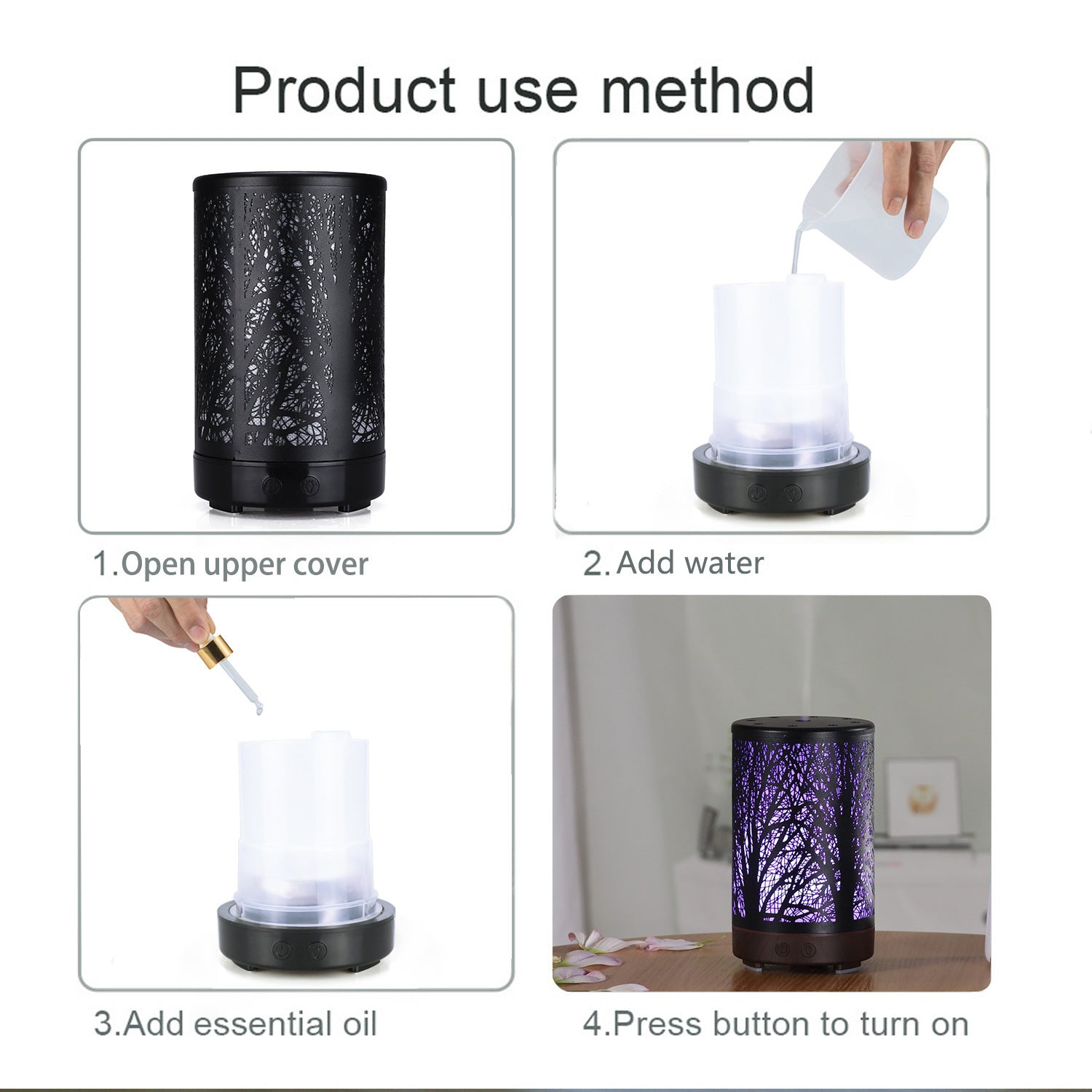 Khaki and Black Forest Design Iron Essential Oil Diffuser - 7 Color LED Ultrasonic Cool Mist Humidifier 100ml - Image 5