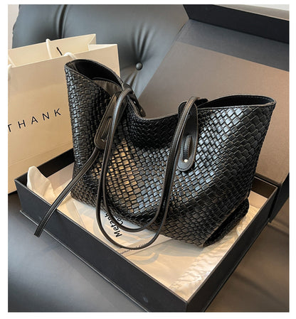 Black Chic Woven PU Leather Tote Bag - Large Capacity Casual Shoulder & Handbag for Women - Image 2