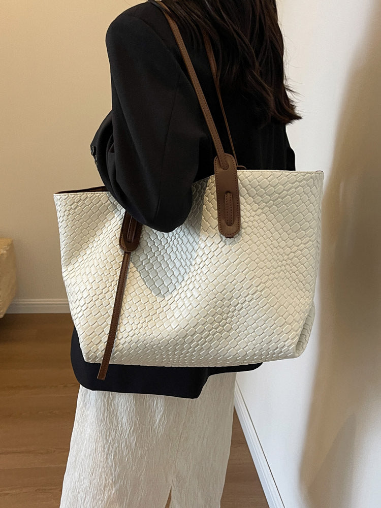 Beige and Brown Chic Woven PU Leather Tote Bag - Large Capacity Casual Shoulder & Handbag for Women - Image 2