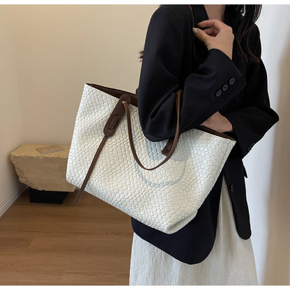 Beige and Brown Chic Woven PU Leather Tote Bag - Large Capacity Casual Shoulder & Handbag for Women - Image 3