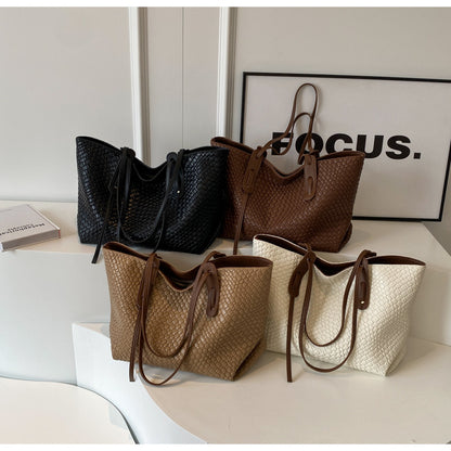 Beige and Brown Chic Woven PU Leather Tote Bag - Large Capacity Casual Shoulder & Handbag for Women - Image 4