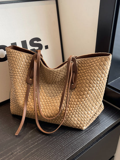 Khaki and Brown Chic Woven PU Leather Tote Bag - Large Capacity Casual Shoulder & Handbag for Women - Image 2