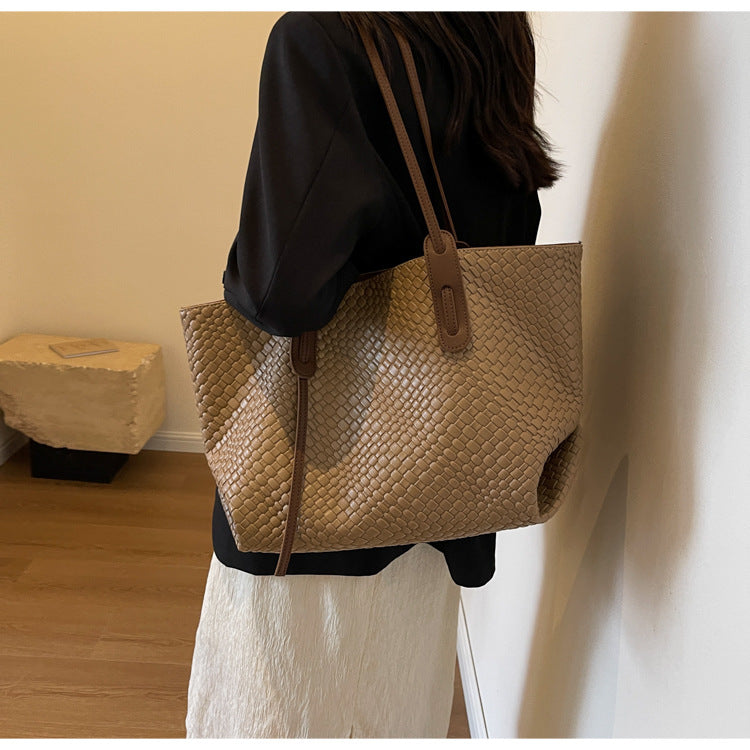 Khaki and Brown Chic Woven PU Leather Tote Bag - Large Capacity Casual Shoulder & Handbag for Women - Image 3