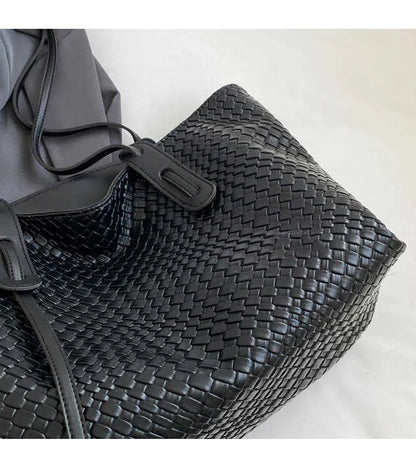 Khaki and Brown Chic Woven PU Leather Tote Bag - Large Capacity Casual Shoulder & Handbag for Women - Image 6