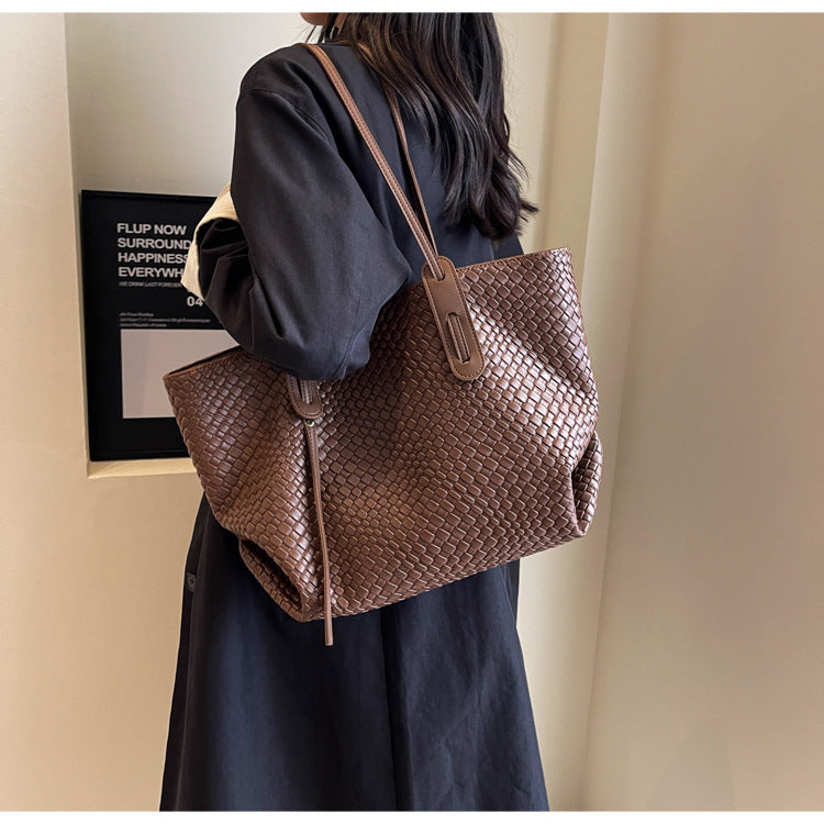 Brown Chic Woven PU Leather Tote Bag - Large Capacity Casual Shoulder & Handbag for Women - Image 3