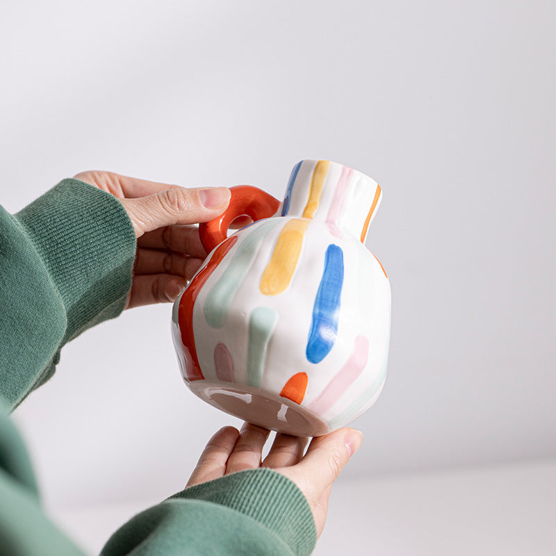 Colorful Charming Hand-Painted Ceramic Vase - Colourful Striped Jug Style Decorative Accent - Image 4