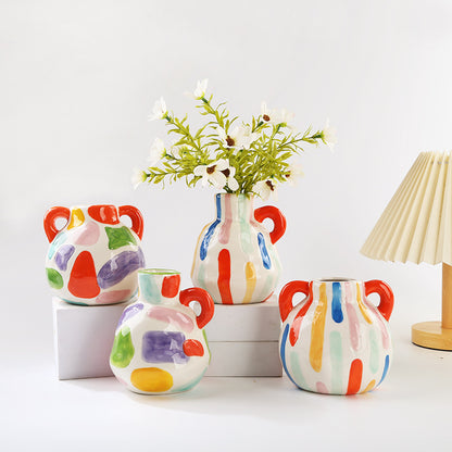 Colorful Artistic Hand-Painted Ceramic Vase - Dual Handle Pot Style - Colourful Striped Home Decor Accent - Image 2