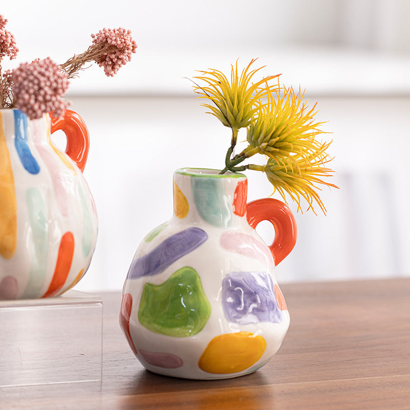 Colorful Artistic Hand-Painted Ceramic Vase - Dual Handle Pot Style - Colourful Striped Home Decor Accent - Image 3