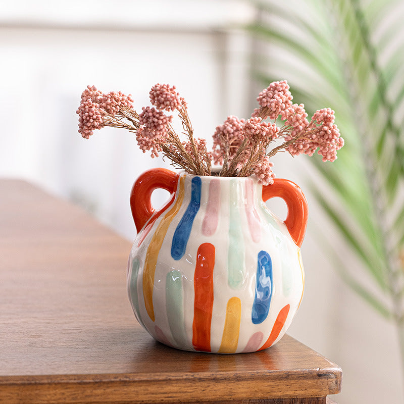 Colorful Artistic Hand-Painted Ceramic Vase - Dual Handle Pot Style - Colourful Striped Home Decor Accent - Image 5
