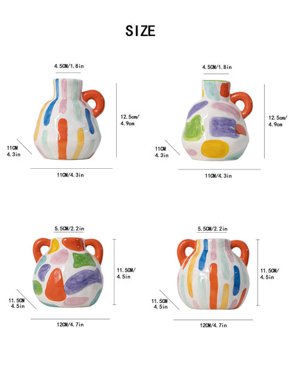 Colorful Artistic Hand-Painted Ceramic Vase - Dual Handle Pot Style - Colourful Striped Home Decor Accent - Image 6