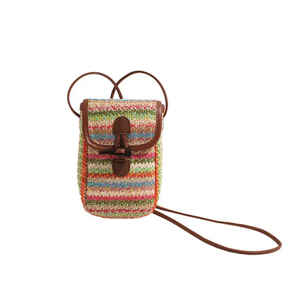 Colorful Boho Chic Woven Straw Crossbody Bag - Colourful Striped Mini Phone Pouch with Toggle Closure